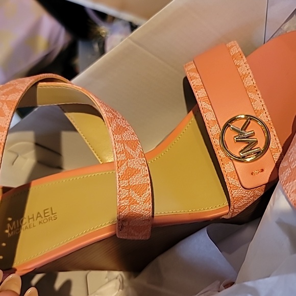 Michael Kors Carmen Logo Faux Leather Wedge Sandal Sherbert - Picture 2 of 5